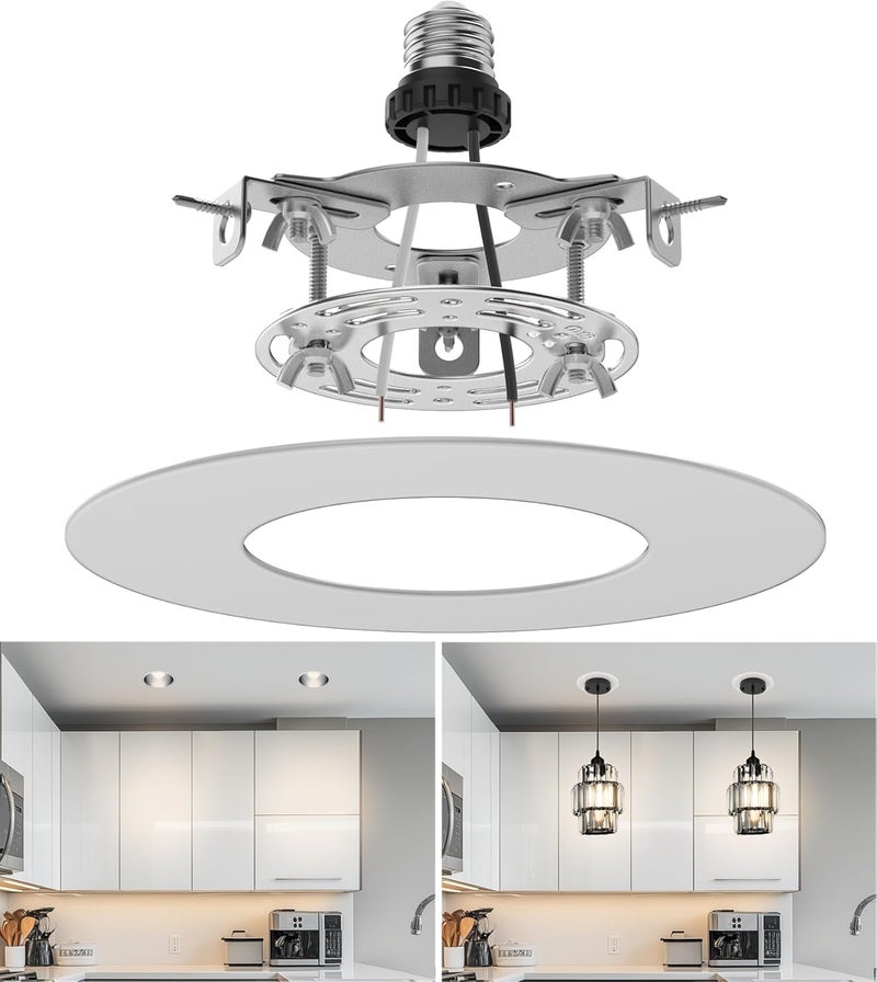 tebio Recessed Can Light Conversion Kit for 5" and 6" Ceiling Fixtures - Pendant/Hanging Light Upgrade, Compatible with Ceiling Fans, Includes 7¾" Flat Steel Medallion, White Finish - Image 1